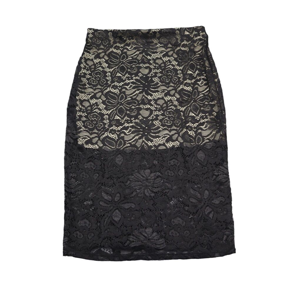 Coco Avante Skirt Womens M Black Straight Pencil Stretch Lace Pull On Floral